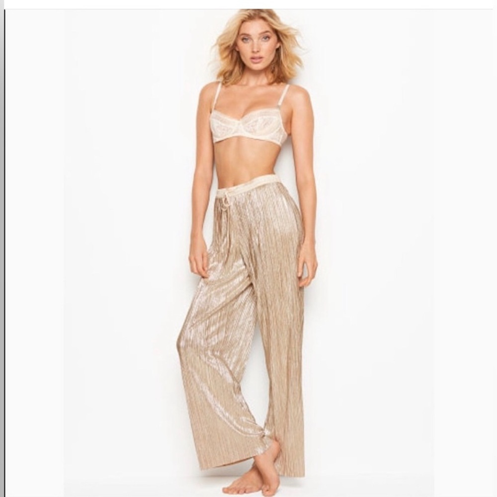 Victoria's Secret Metallic Pleated Wide Leg Lounge Pants in Champagne